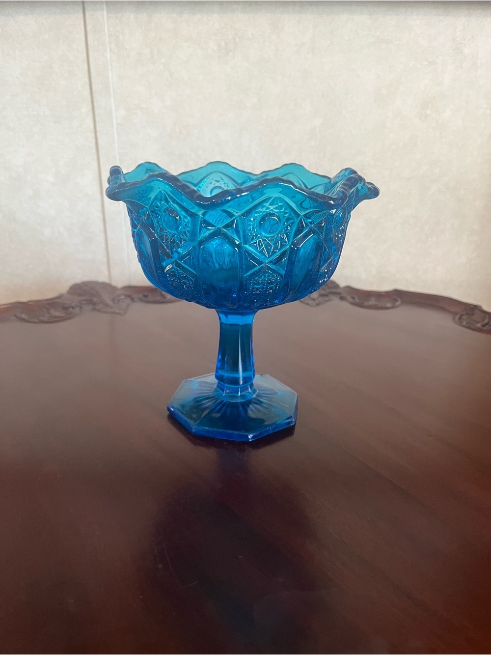 Vintage LE Smith Stars & Bars Blue Pressed Glass Pedestal Compote Bowl